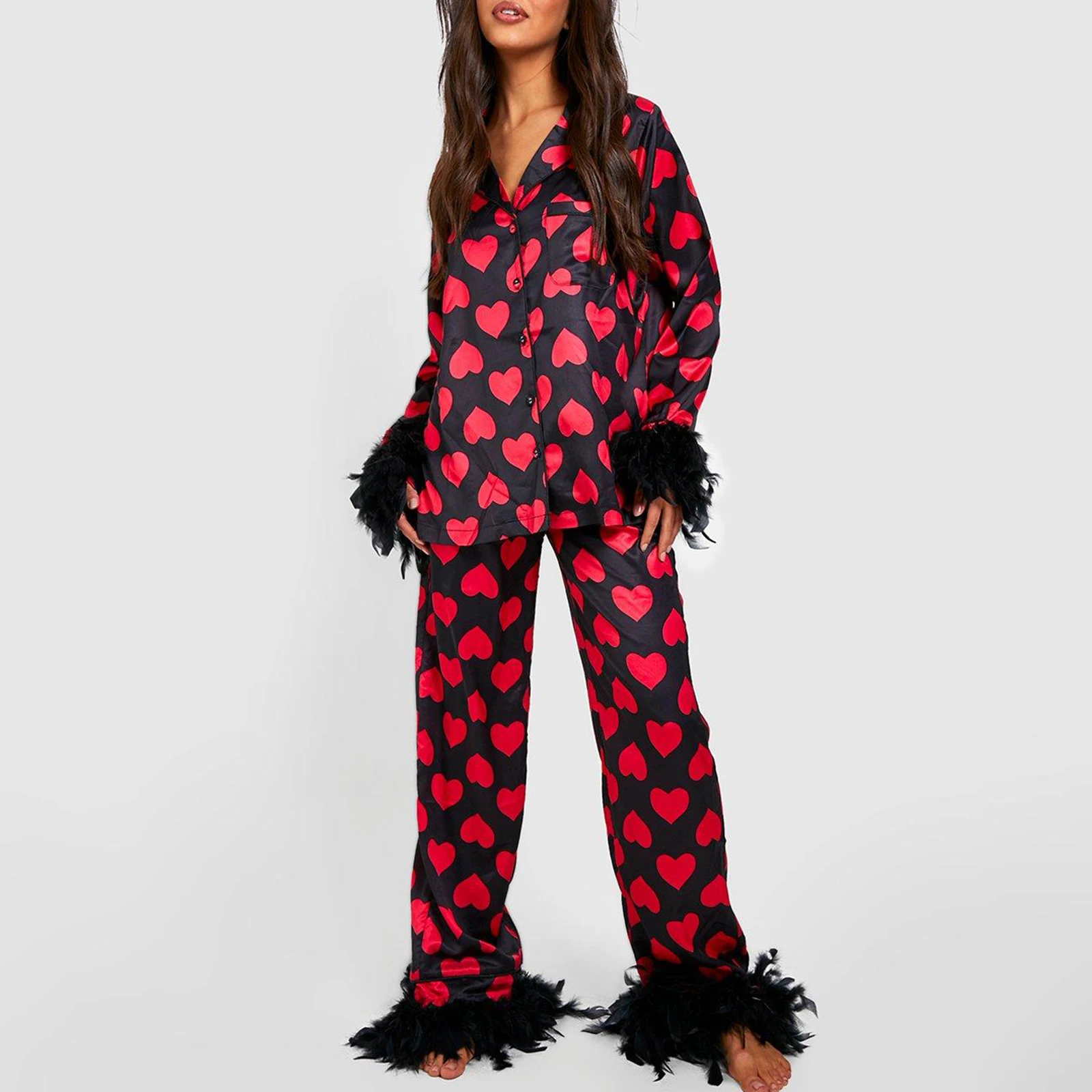 Women’s 2 Piece Pajama Set Feather Trim Long Sleeve Button Up Heart Shirt + Pants Set Sleepwear