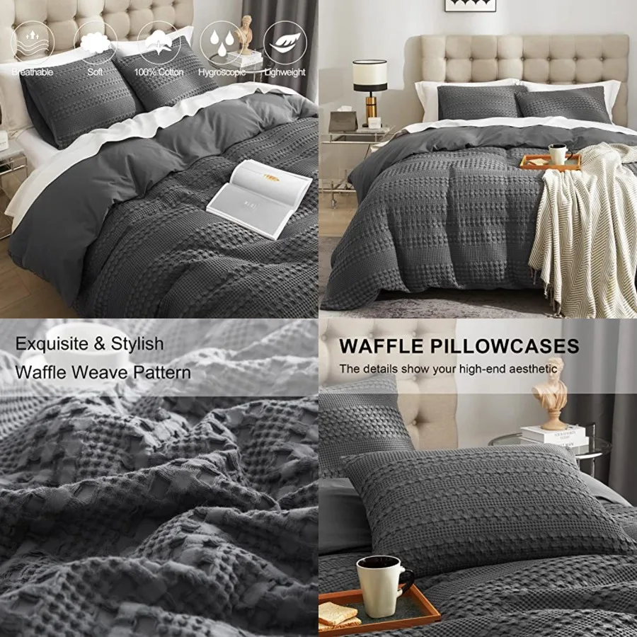 

Waffle Weave Duvet Cover Set - 100% Cotton, Size, Textured, Cozy Soft Breathable, Skin-Friendly Luxury Comforter Cover, All Sea