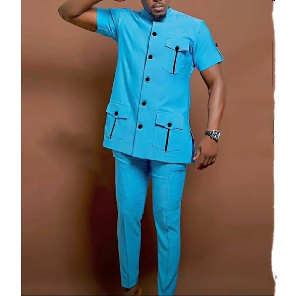

Single Breasted 2 Pieces Fashion Men's Suit Set Jacket Pants Short Sleeves Male Clothing Banquet Custom