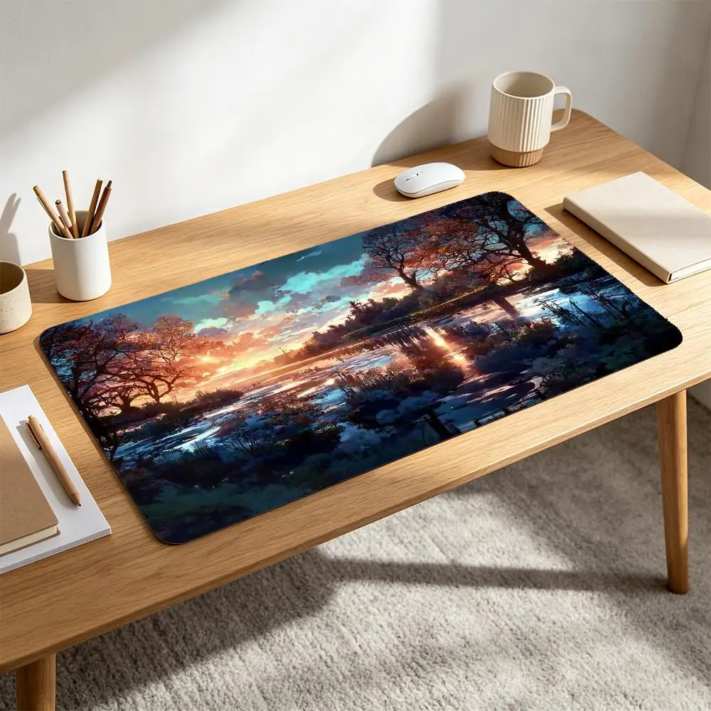 Dreamy Anime Landscape Twilight Glowing Sunset Over Swamp Forest Calm Lake With Tree And Sky Reflection Colorful pc accessories