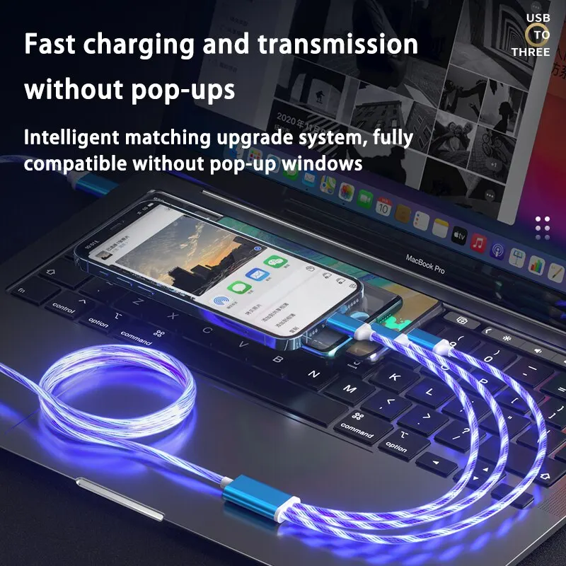 3 in 1 3A Fast Charging Glowing LED Light Micro USB Type C Cable For iPhone Samsung Xiaomi Redmi Phone Charger USB Cable image 4