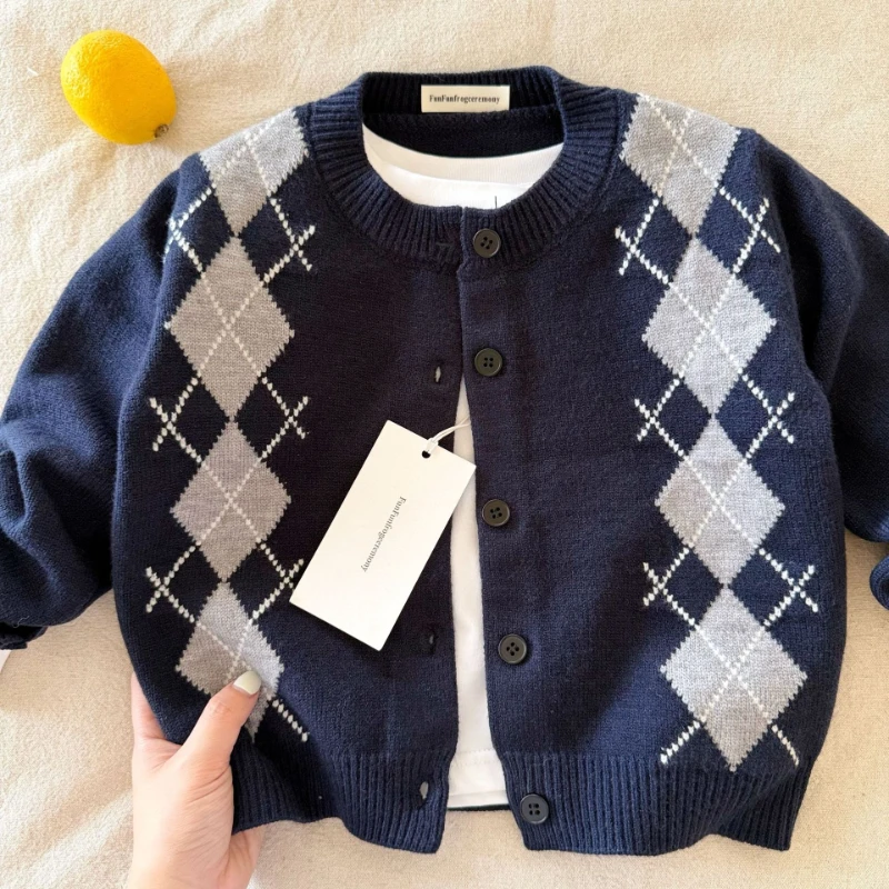 2026 Autumn/Winter Hot selling Children's College Style Design Western Style Diamond Grid Sweater