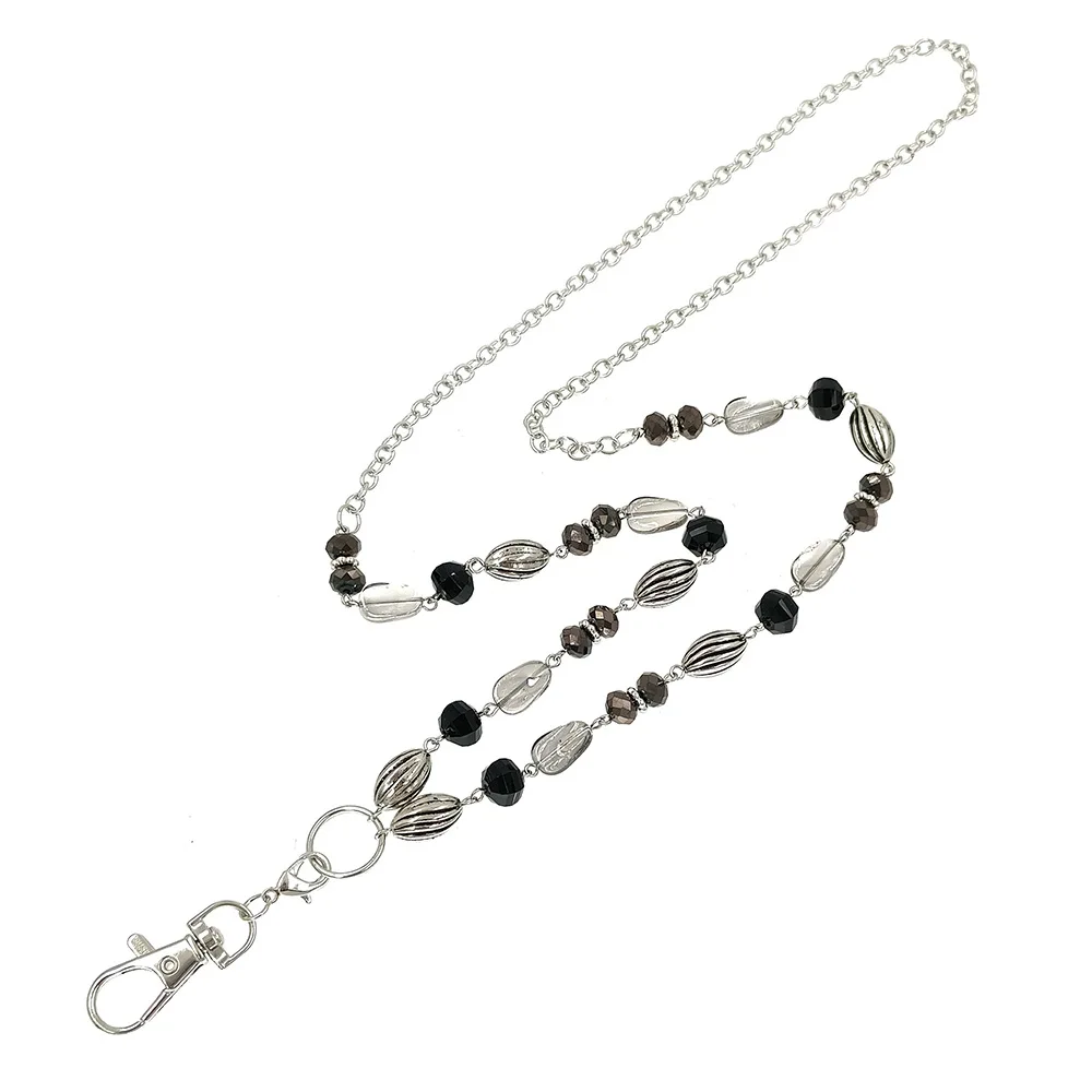 Black Glass Beads Badge Lanyard Chain Necklace ID Holder Badge Clip Necklace for Women Teachers Keychain Holder Keyholder