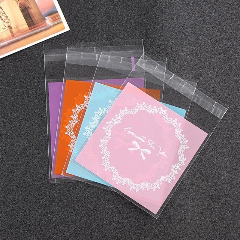 100pcs Pink Square Gift Packaging Opp Self-sealing Bag Lovely Bow Printing Opp Self-sealed Bag Gift Candy Packaging Bags