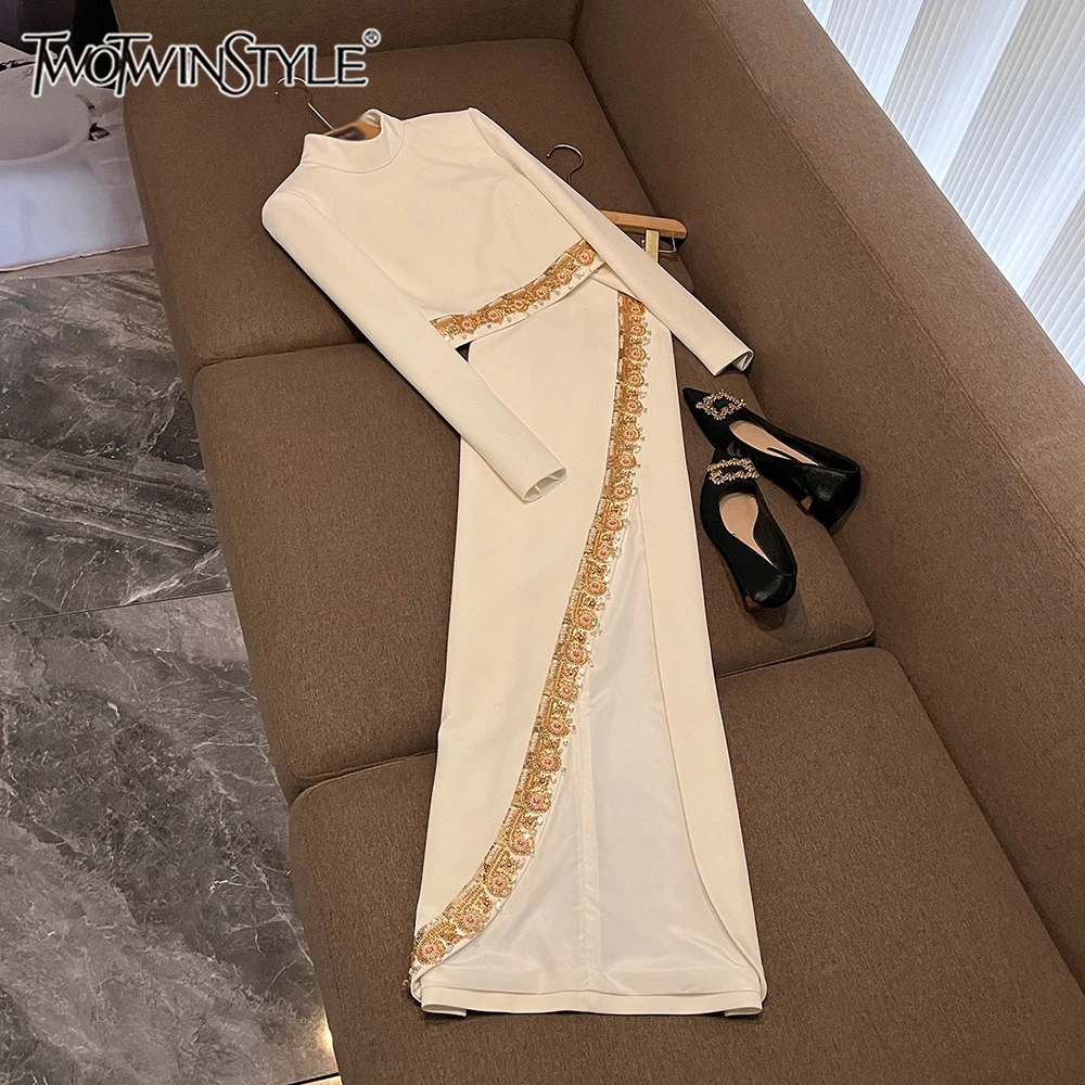 

TWOTWINSTYLE Temperament Two Piece Sets For Women Stand Collar Long Sleeve Top High Waist Skirt Sexy Set Female New KSE548396