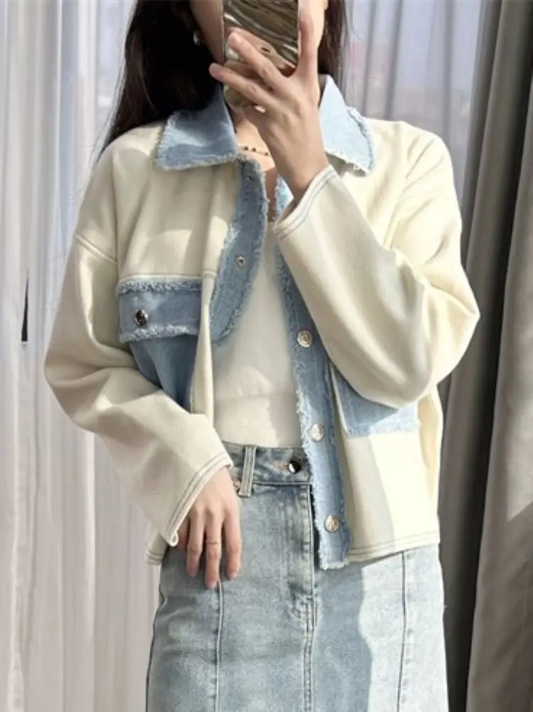 Spring 2024 Women Cardigan Denim Splice Turn-down Collar Single Breasted Long Sleeve Casual Knitted Coat