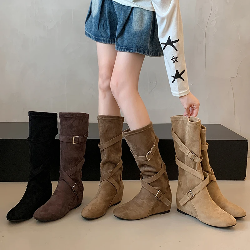 Women's fashionable new winter and autumn retro mid-calf boots with suede surface, comfortable flat sole, elegant fashion boots