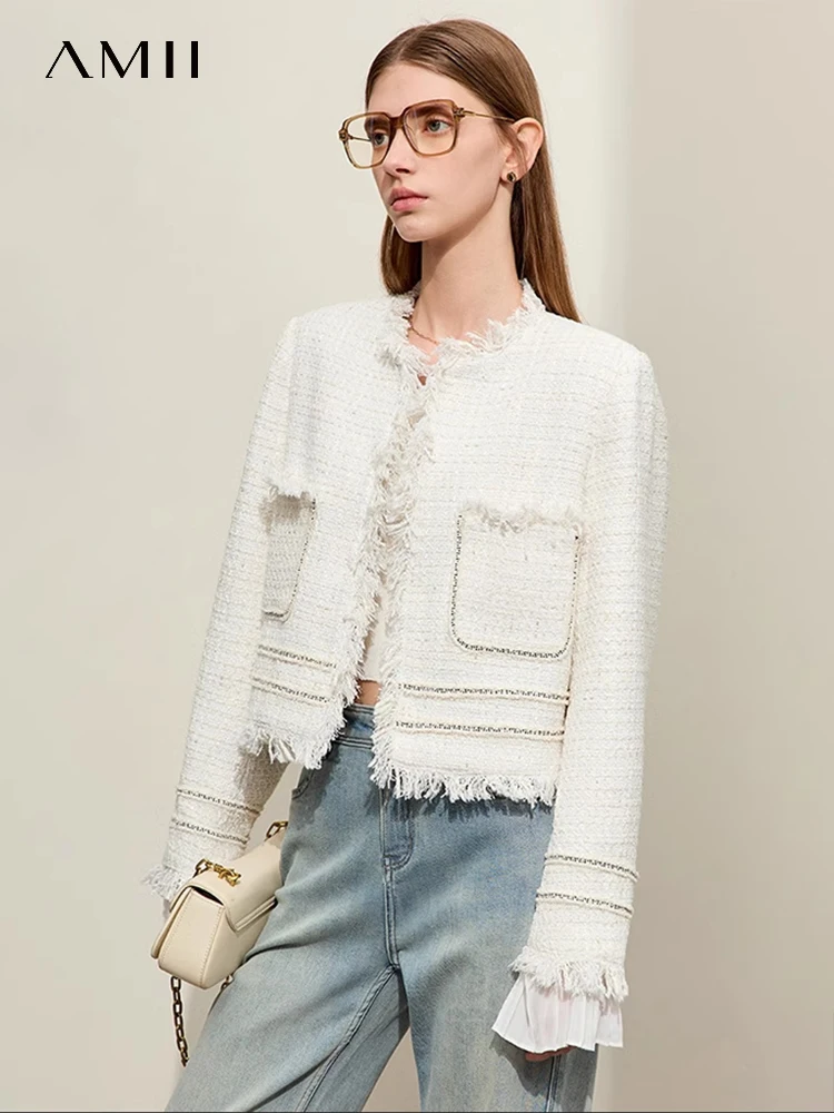 

AMII Minimalism Chambray Women's Tweed Short Jackets 2024 Spring New Tassel Spliced Pleated Cuffs Straight Retro Coats 12411008