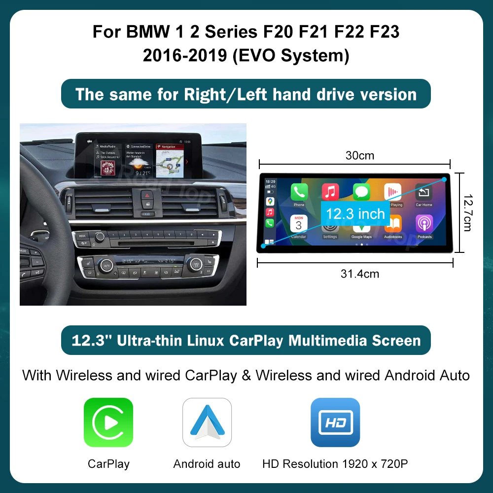 12.3 Wireless CarPlay Android Auto Multimedia Linux Screen For BMW 1 2 3 4 Series F20 F21 F22 F30 F31 F32 F33 NBT OR EVO image 3