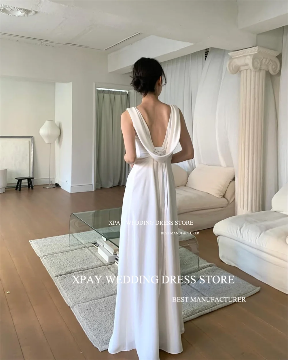 XPAY Elegant Scoop Neck Korea Wedding Party Dresses Cowl Backless Satin Customized Bride Dress Backless Bridal Gown Photos Shoot image 5