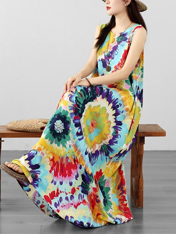 

Artistic Cotton Blend Sleeveless round Neck Maxi Dress Beach Style Loose Fit Printed Summer Long Dress for Women