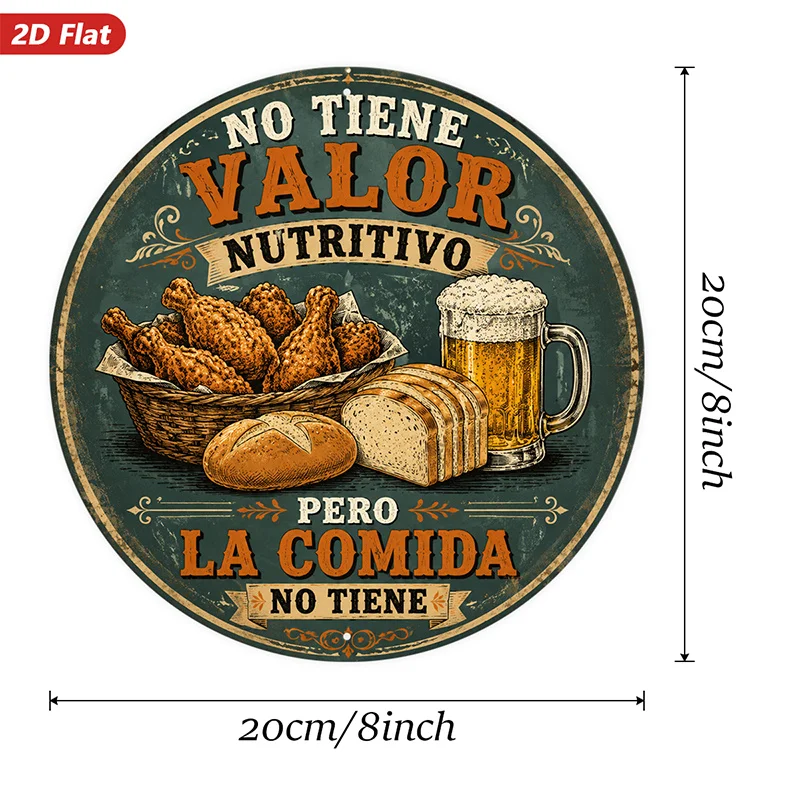 2D Flat, 1pc Spanish Food Slogan Round Metal Sign Wall Art, No Tiene Valor Nutritivo Text, Home Decor, Fried Chicken, Bread Loaf