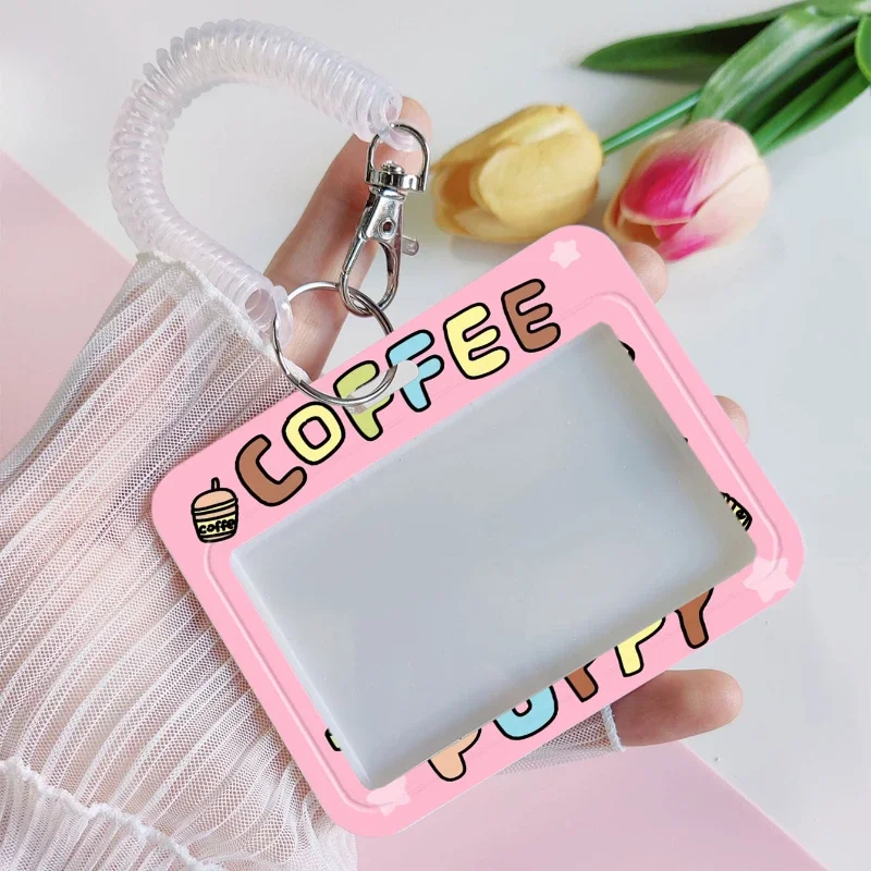 Pink Coffee Puppy Horizontal Card Holder with Retractable Spring Cord for Kpop Idol Card Collect Organizer Stationery Ect.