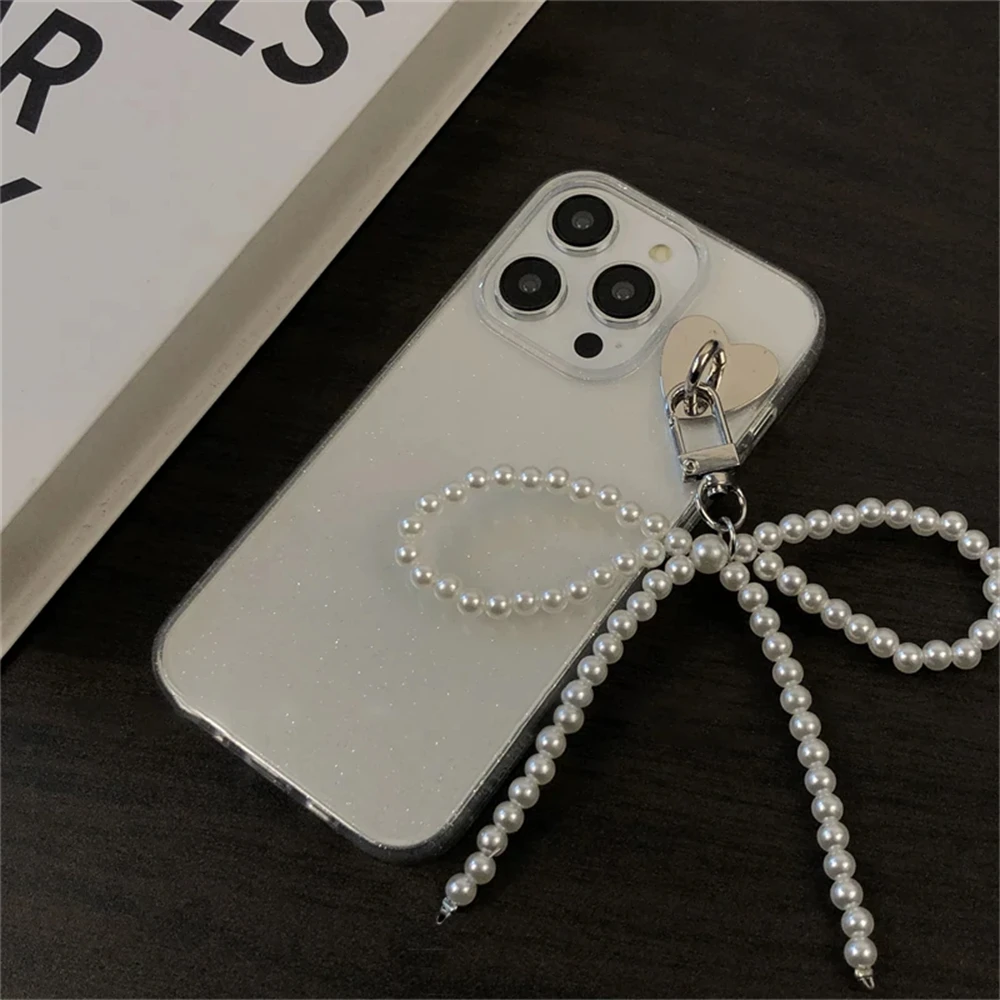 Simple 3D Pearl Bowknot Pendant Glitter Case For iPhone 16 15 12 11 Pro Max X XR 14 Plus 13 Mini 7 8 SE Stylish Soft Clear Cover