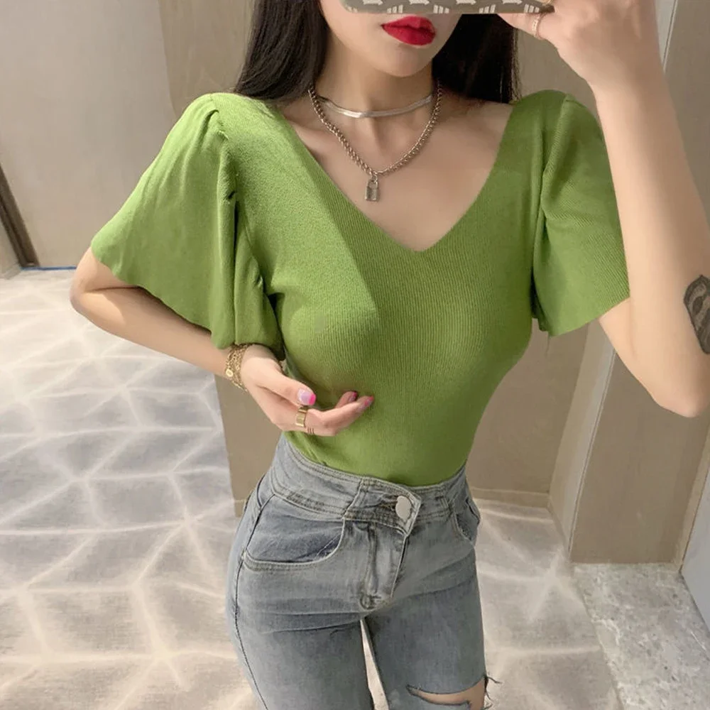 

Women Petal Sleeve Knitted Shirt V-Neck Sweater Green White Pink Black Short Sleeve Tees Girl Ruffle Edge T-Shirt Female Clothes