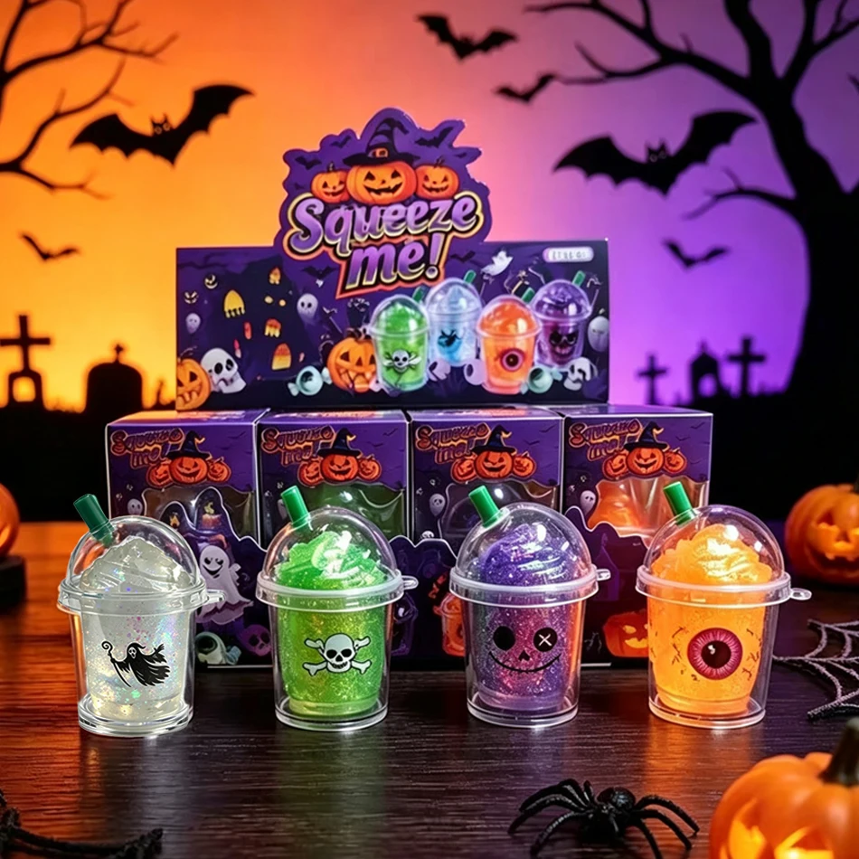 Novelty Halloween Squeeze Toy Mini Beverage Cup Fidget Toy Glitter TPR Stress Relief Vent Toy Spooky Skull Ghost Eyeball Pattern