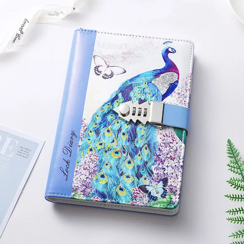 A5  Notebook Password With Lock Leather Notepad Agenda Weeks Diary Month Planner School Stationery Classics Peacock As Gift