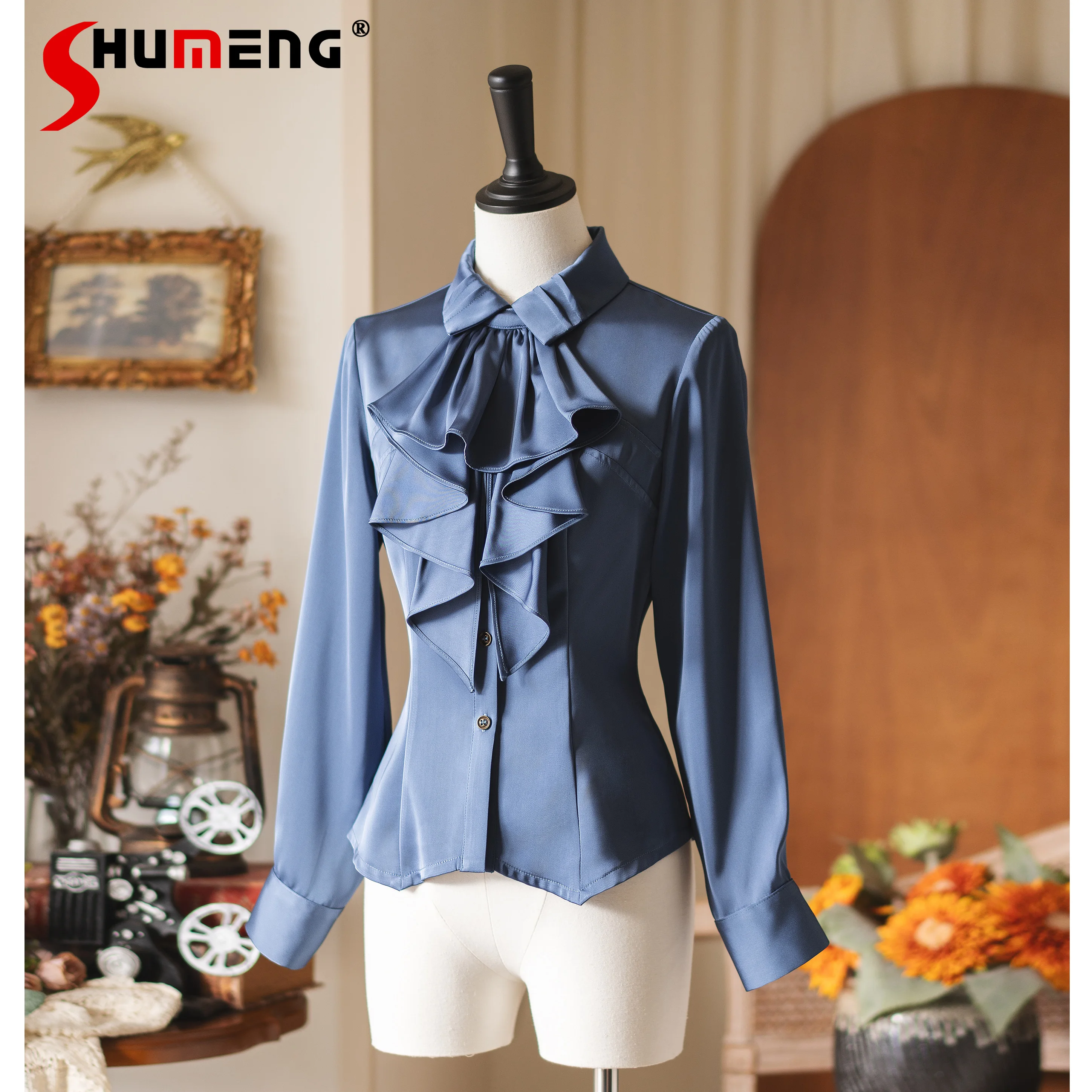 

Original British Elegant Retro Princess Lolita Blouses Long Sleeve Single-Breasted Slim Fit Versatile Satin Shirts Women Autumn