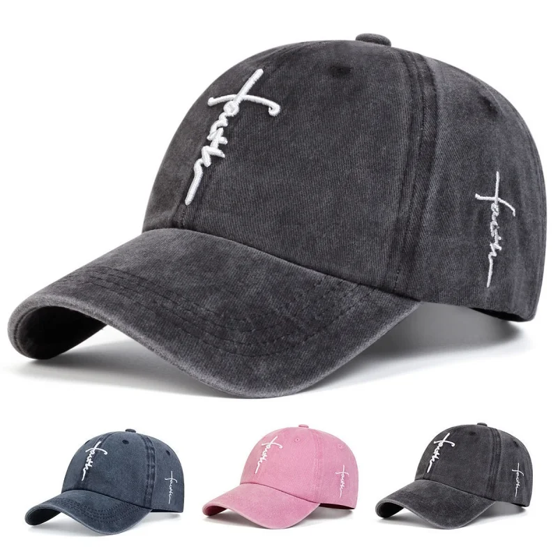 Distressed Washed Cross Faith Baseball Cap, Soft Crown Adjustable Sun Hat for Men and Women