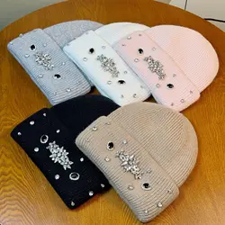 New fashion light luxury rhinestones rabbit hair woolen hat women's winter trend cold knit hat
