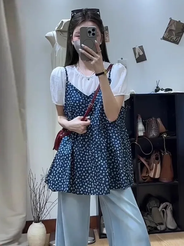 

Новая летняя блузка больших размеров с цветочным принтом в стиле ретро, контрастные цветные бретели, модный искусственный топ из двух предметов, женский корейский свободный крой...