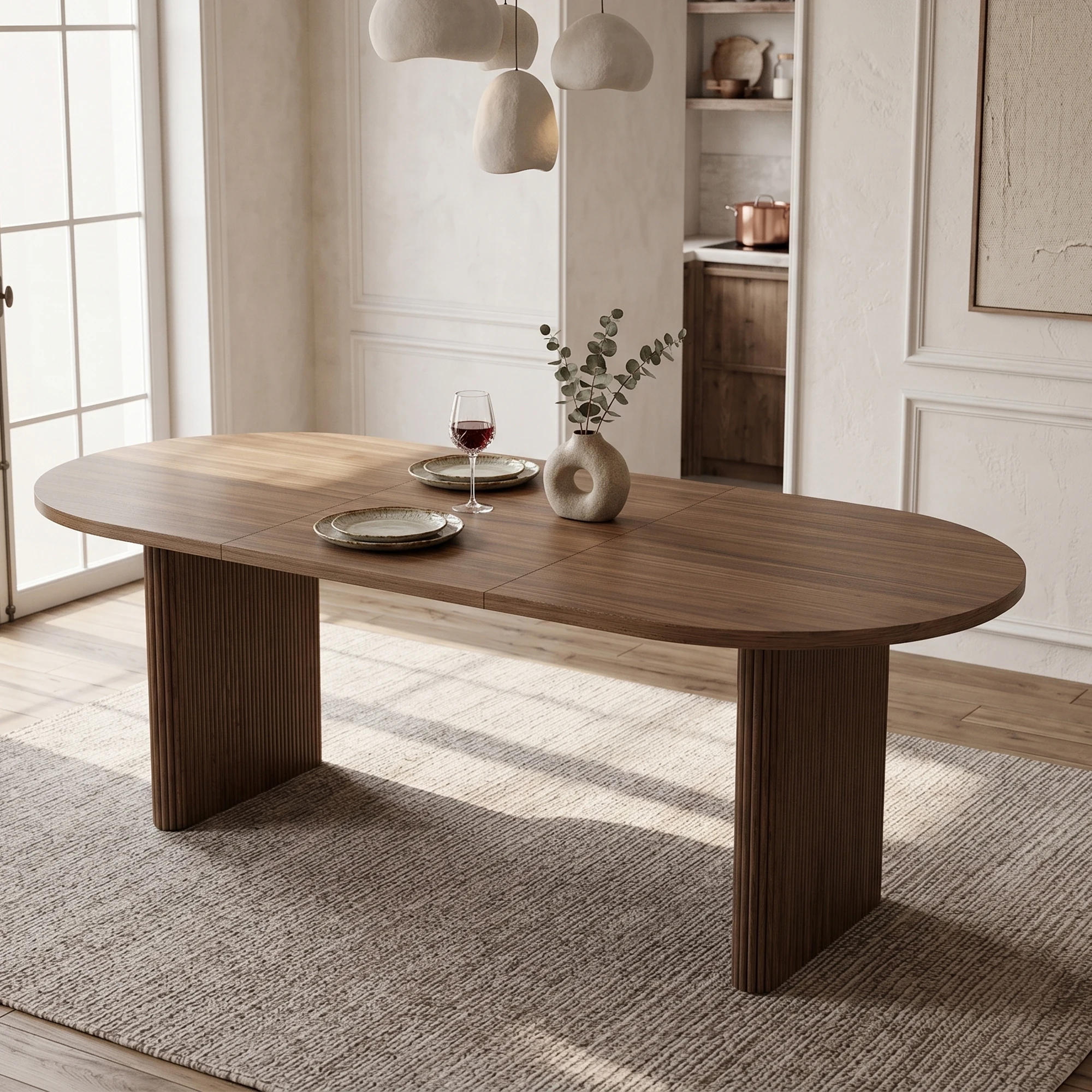 Ausziehbarer Esstisch für 6-8 Personen, Walnuss-Finish, 3 cm dicke MDF-Tischplatte mit abgerundeten Kanten, synchronisierte Schiebebeine, moderner schlichter Stil, Küchenmöbel
