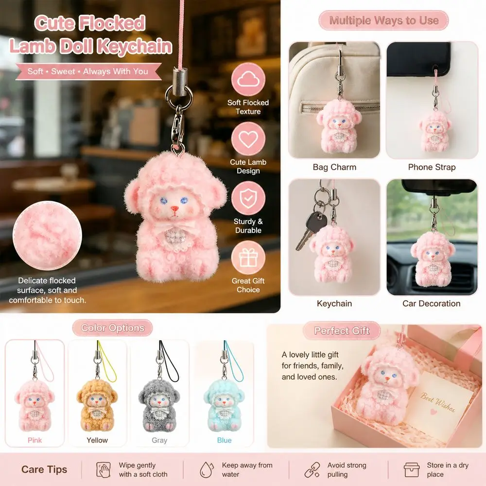Sheep Pattern Flocking Sheep Keychain Phone Strap Bag Charm Mini Lamb Pendant Handmade Craft Handmade Bag Charms