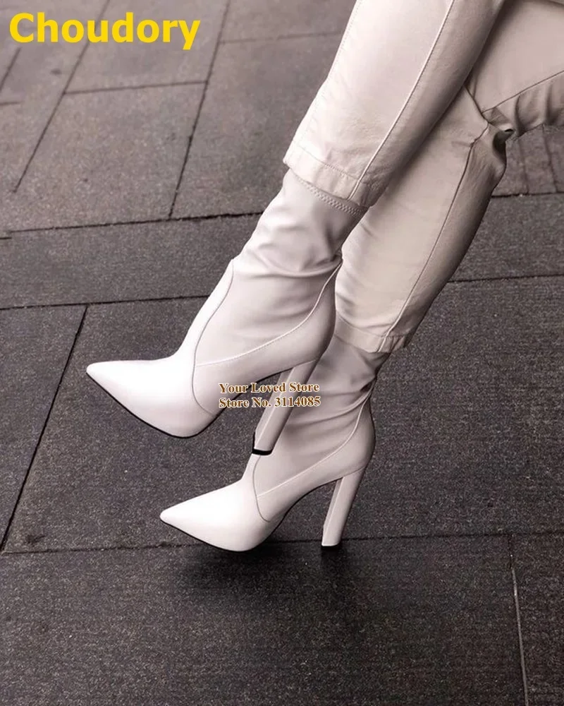 

White/black Matte Leather Chunky Heel Ankle Boots Pointed Toe Elegant Spring Fall Dress Shoes Slip-on Motorcycle Short Booties