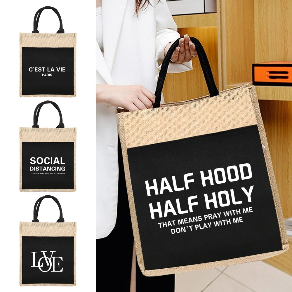 

Shopper Bags Reusable Linen Shopping Bags Women's Tote Grocery Shopping Bag Text Series Convenient Picnic Bag Supermarket