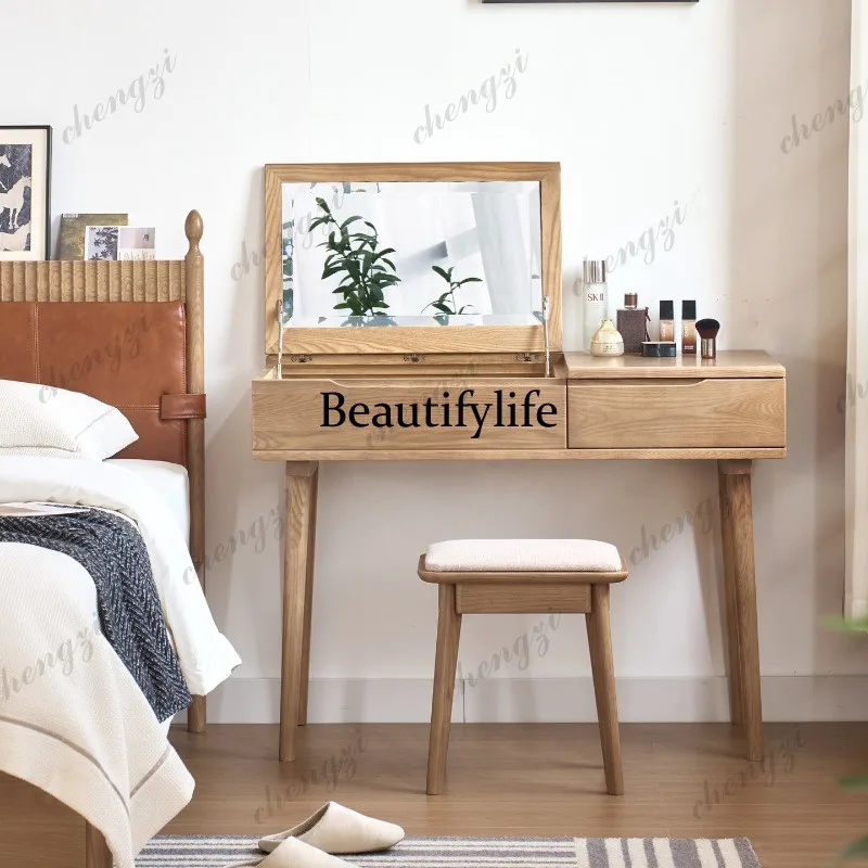 White ash wood flip-top vanity table, solid wood hidden mirror vanity table, bedroom storage vanity table