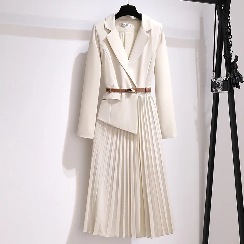 

LIBIELIY Fake Two Piece Dress 2024 Autumn New Clothing Suit Collar Pleated Elegant Women's With Belt Luxury Fo