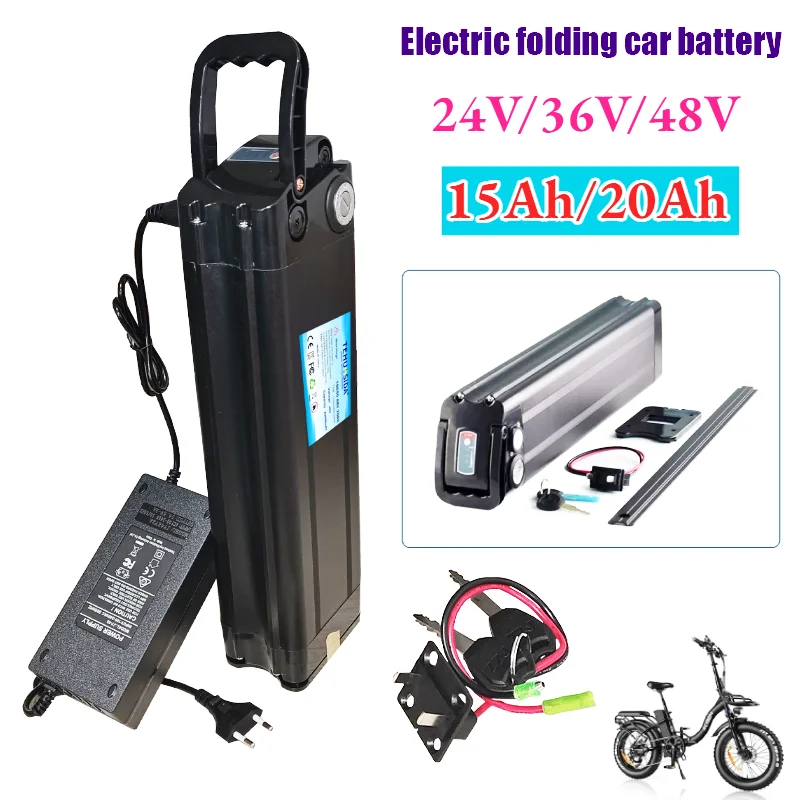 48V/36V/24V Silver Fish Lithium Battery 20Ah 15Ah – Bottom Discharge, Built-in BMS, Fit 250W-1000W Motors, with Charger
