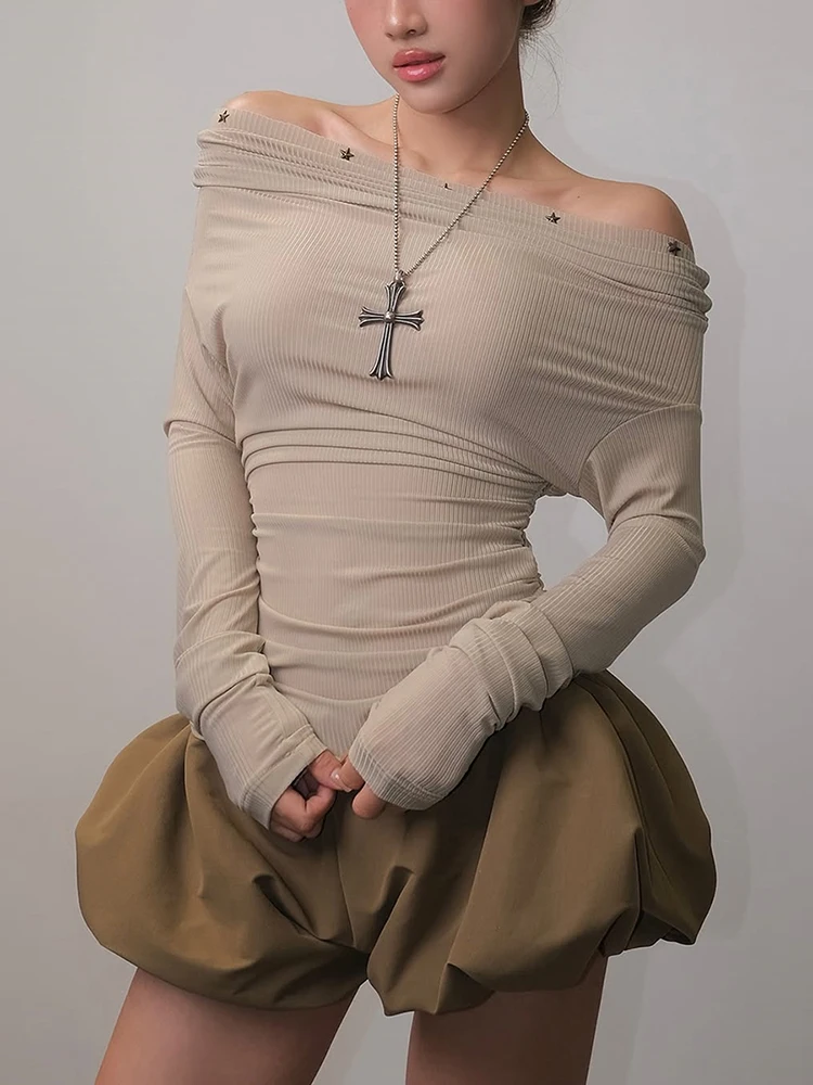 

Weird Puss Сексуальная футболка с разрезом на шее Женская футболка со звездами и заклепками с винтовой резьбой Однотонная элегантная простая дикая базовая эластичная обтягивающая уличная клубная одежда