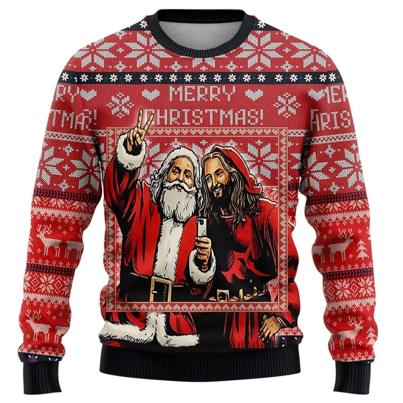 All Over Print Santa & Jesus Ugly Christmas Sweatshirts Clothes Merry Christmas Mens Crew Neck Pullover Jumper Sweatshirt Tops