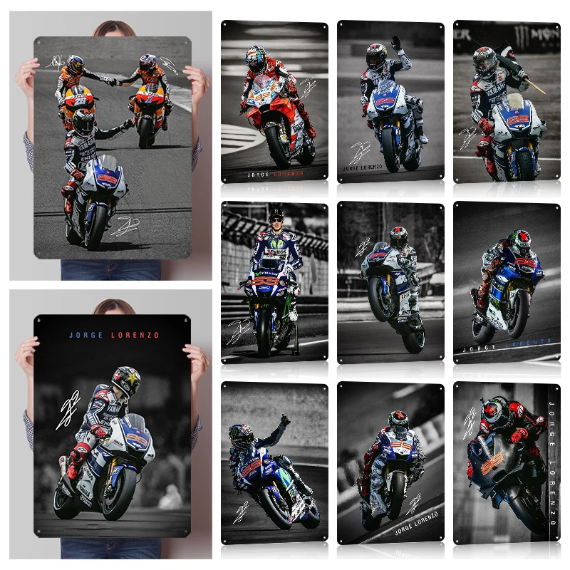 Jorge Lorenzo Rider Pôsteres Retro Tin Sign Decoração de arte de parede Decorações de quarto Sinais de metal vintage personalizados para decoração de caverna masculina
