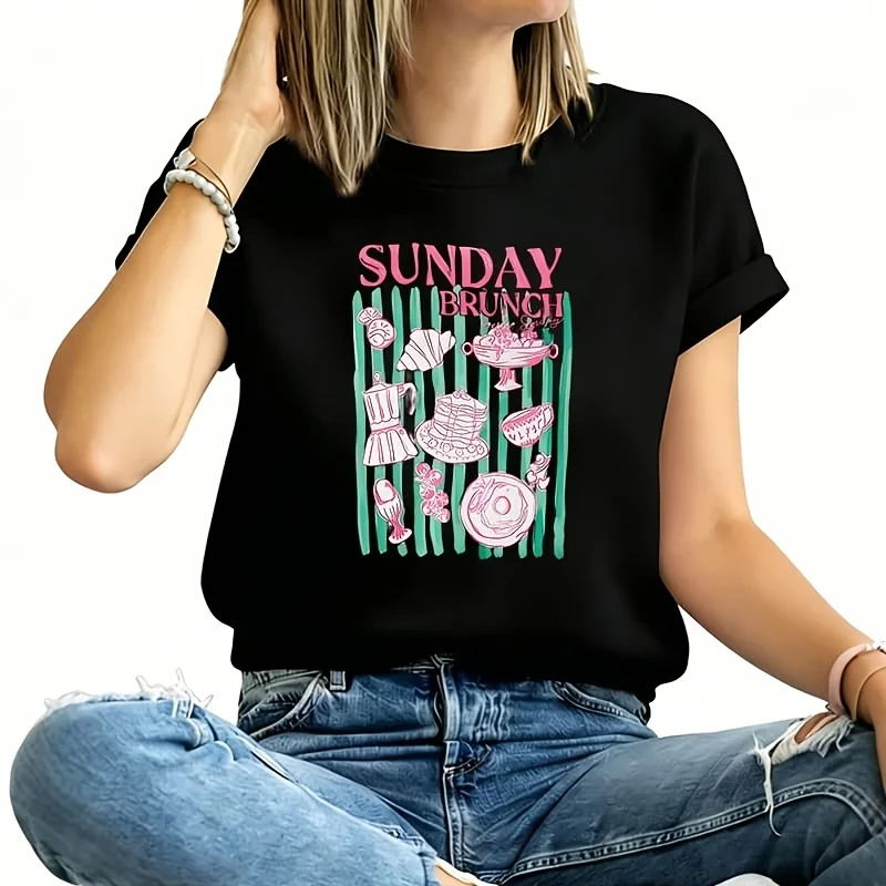 Sunday Brunch Striped Print Women's Plus Size T-Shirt 100% Cotton 220g