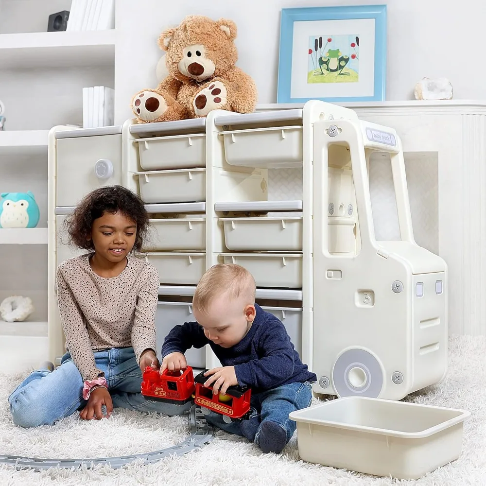 Étagère de rangement polyvalente pour jouets pour enfants, grand rangement pour jouets, 11 bacs, 2 armoires, 3 étagères