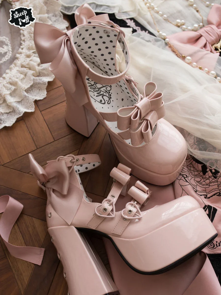 Sweet Cute Princess Lolita Kawaii Platform Shoes Bandage Hot Girl Bow Heel Summer Heels Chunky Heels Pumps