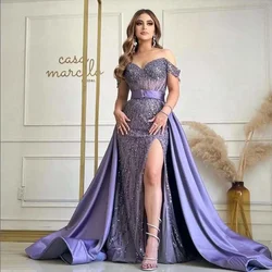 Pretty Women Luxury Sequined Crystal Evening Dresses Off Shoulder Chapel Detachable Train Side Split Mermaid For Special Event