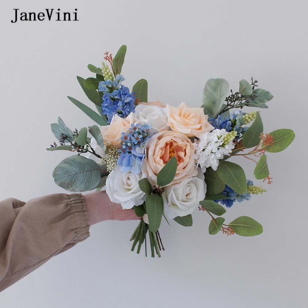 

JaneVini New Romantic Blue White Bridal Flowers Wedding Bouquets Artificial Silk Roses 2023 Spring Bouquet Accessories for Bride