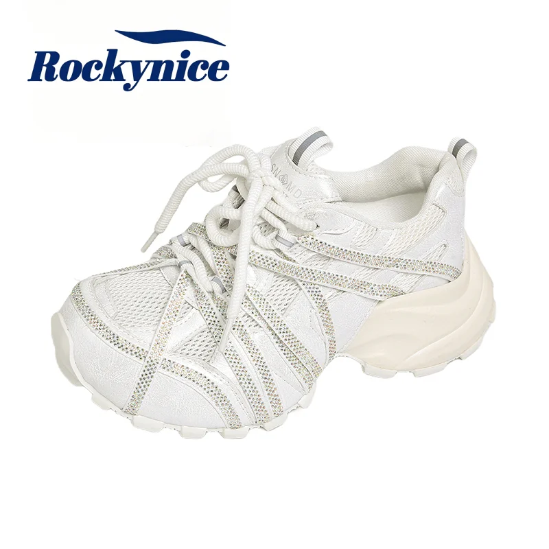 7CM Chunky Sneakers Women Casual Shoes High Platform Bling Walking Shoes Comfortable Breathable Mesh Genuine Leather Sneakers