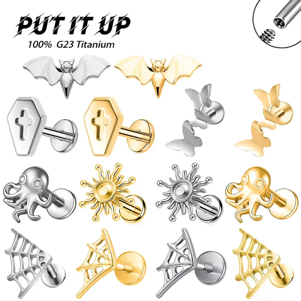 ASTM F136 G23 Titan Piercing-Stecker: Fledermaus, Sarg, Schmetterling, Oktopus, Sonne, Spinnennetz – Innengewinde-Labret-Tragus-Ohrringe