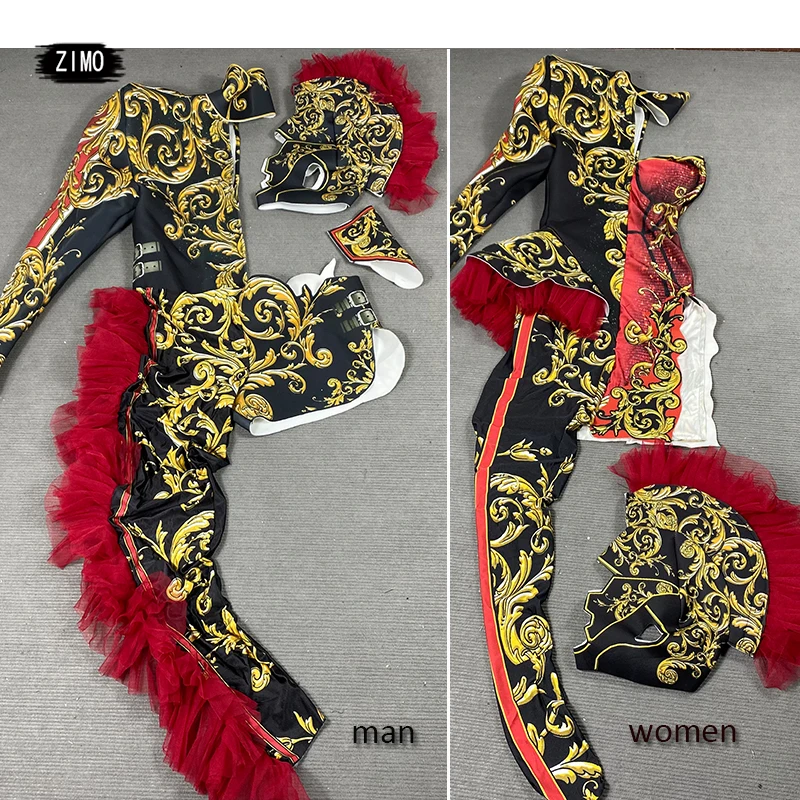 red Print 2 item jumpsuit and headdress party club sexy Women man drag queen Performance Costumes Stage Dance Jumpsuits designer