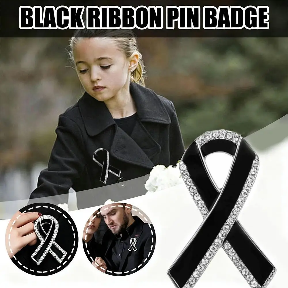 New Black Memorial Black Badge Souvenir Funeral Black Ribbon Brooch Pin Rhinestones Alloy Memorial Pin For Funerals and Mourning