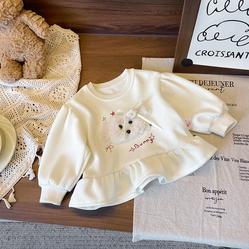 Girls Hoodie 2026 Spring New Korean Version with Cute Lace Top Printed with Puppy Letters, Casual and Fashionable