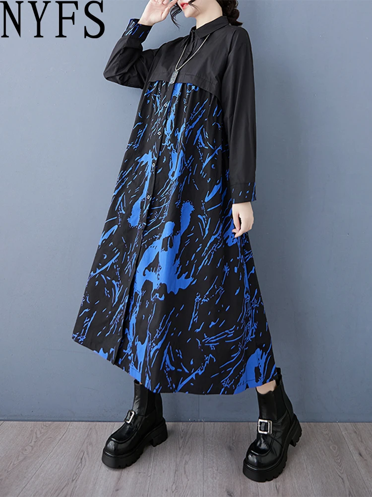 NYFS 2025 فستان نسائي ربيع الخريف فضفاض حجم كبير طباعة المرقعة فساتين طويلة رداء Elbise كم طويل نمط غير رسمي