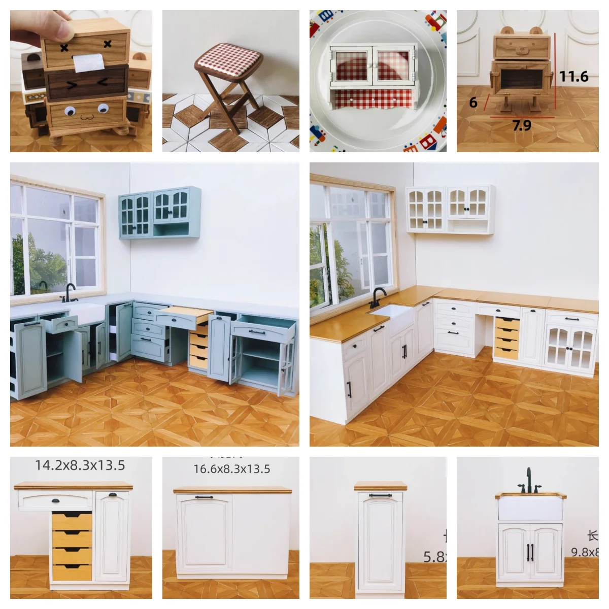 

Complete Miniature Kitchen Cabinet Set with Working Sink Faucet, Cup Holder Corner Drawer Glass Display Cabinets for Dollhouse