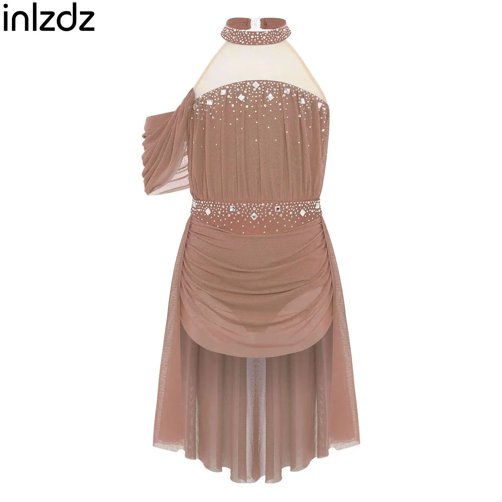

Glittery Rhinestones Lyrical Modern Dance Dress Girls Halter Backless Ruched Mesh Drape Ballerina Dress for Performance Party