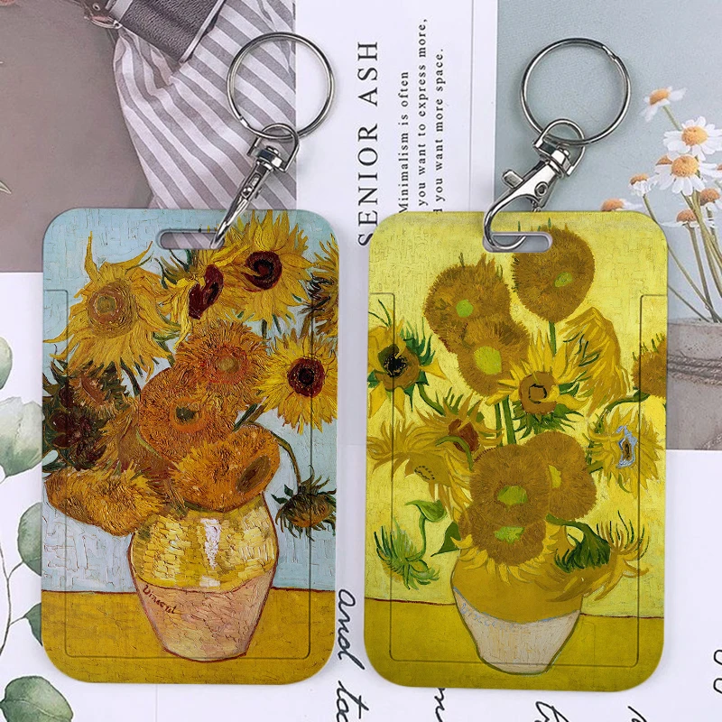 Vincent Van Gogh Art Oil Parinting Keychain Card Holder Keychains Sunflower Holders Bank Bus ID Credit Cards Key Ring Chains