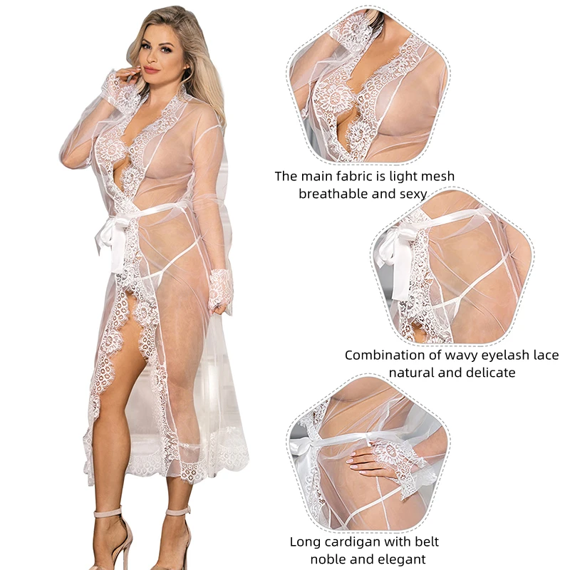 Ohyeahlady pijamas de renda das mulheres de manga longa sexy nighty grande casa roupas com cinto robe homedress negligee